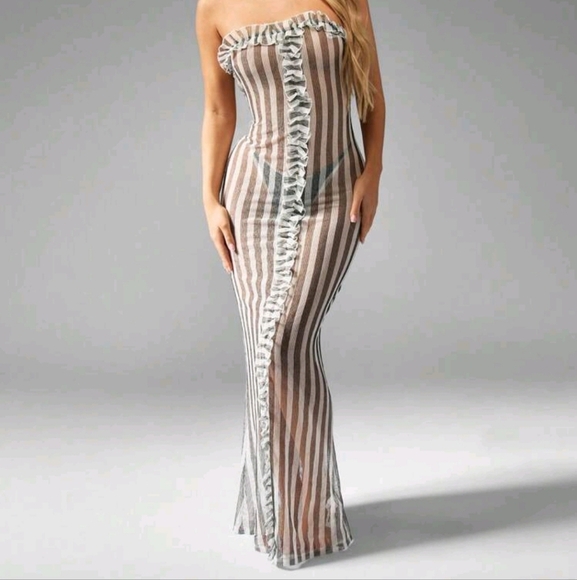 Sheer Stretch Stripe Frill Trim Strapless Maxi Dress - Picture 1 of 4